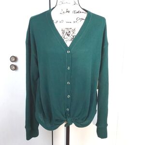 So- Womens Green Cozy Soft Button Tie Front Waffle Weave Top Sz.L